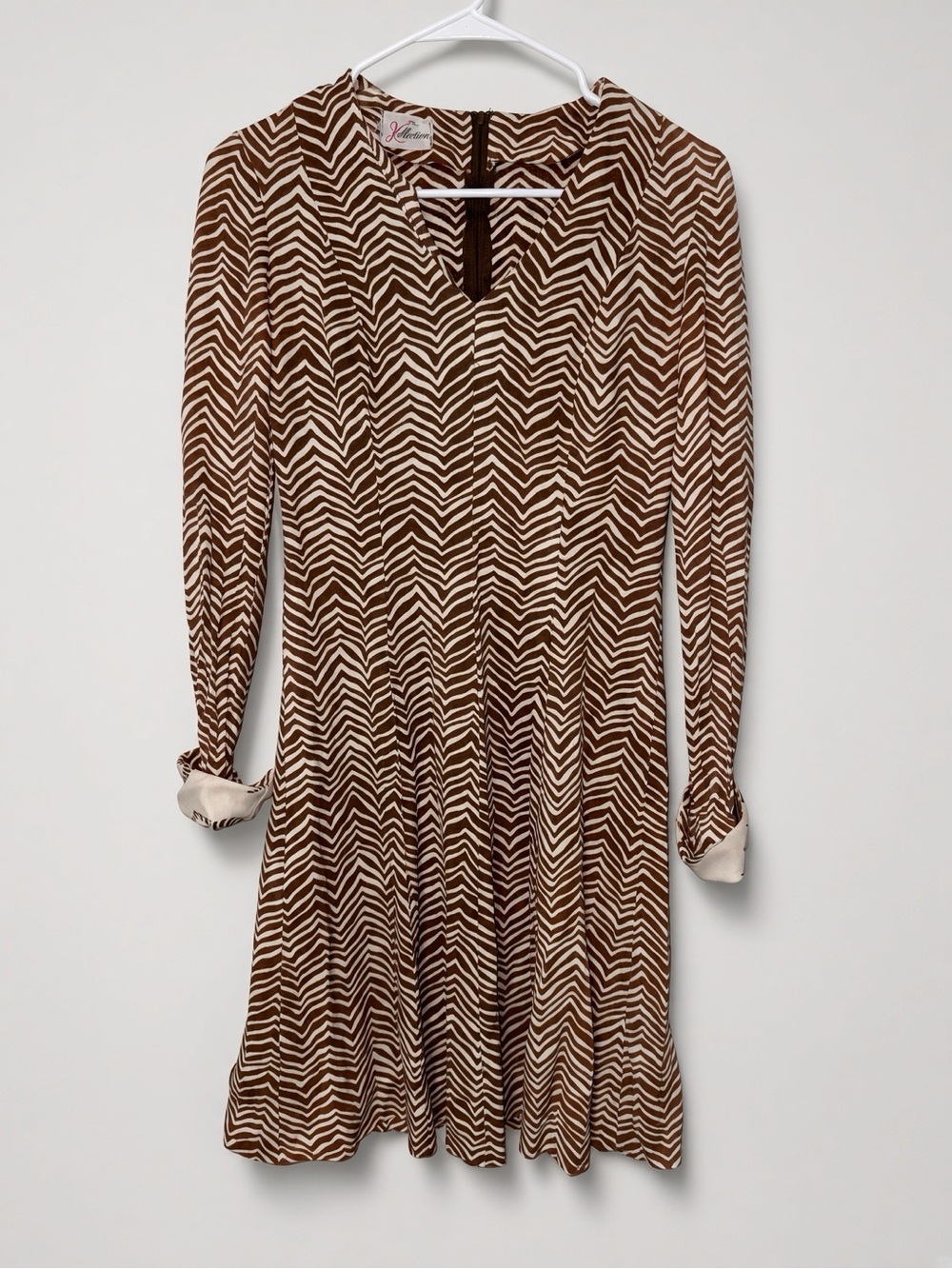 Vintage The Kollection Brown Cream Chevron Zigzag Long Sleeve Dress XS/S